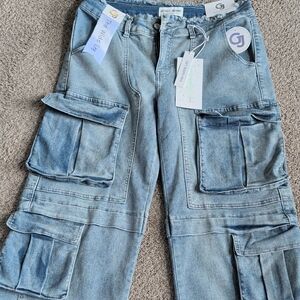 Wide Leg Cargo Jeans in Light Blue - Women's Flare & Wide Leg